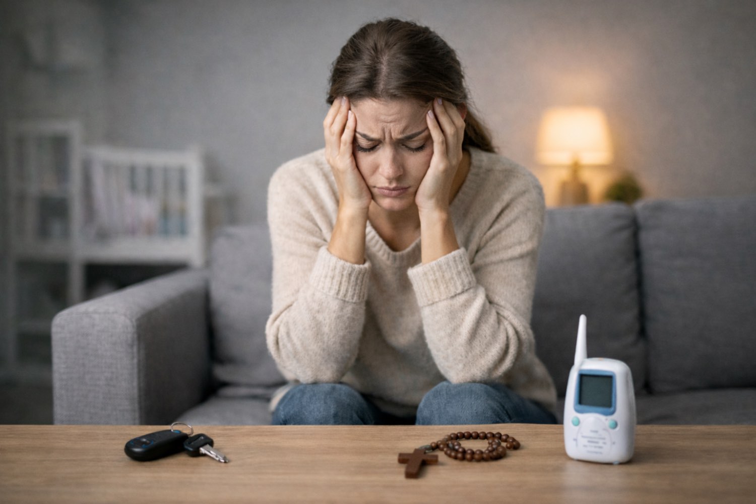 Woman sitting on bed holding her head in distress, representing an adult wondering if she has OCD, Sunshine Coast