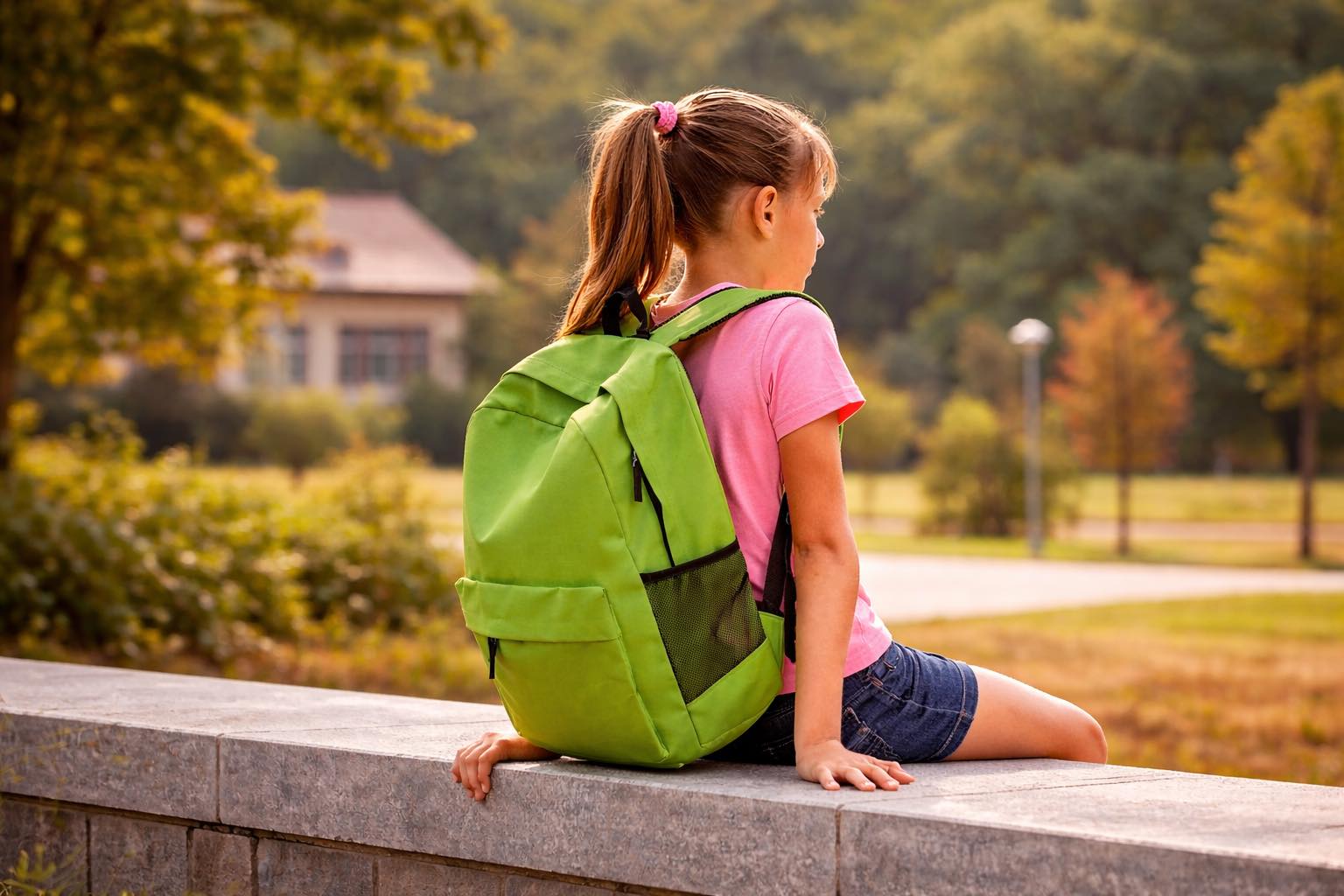 Young girl with backpack sitting alone looking towards school, representing child school anxiety in Parrearra, Sunshine Coast
