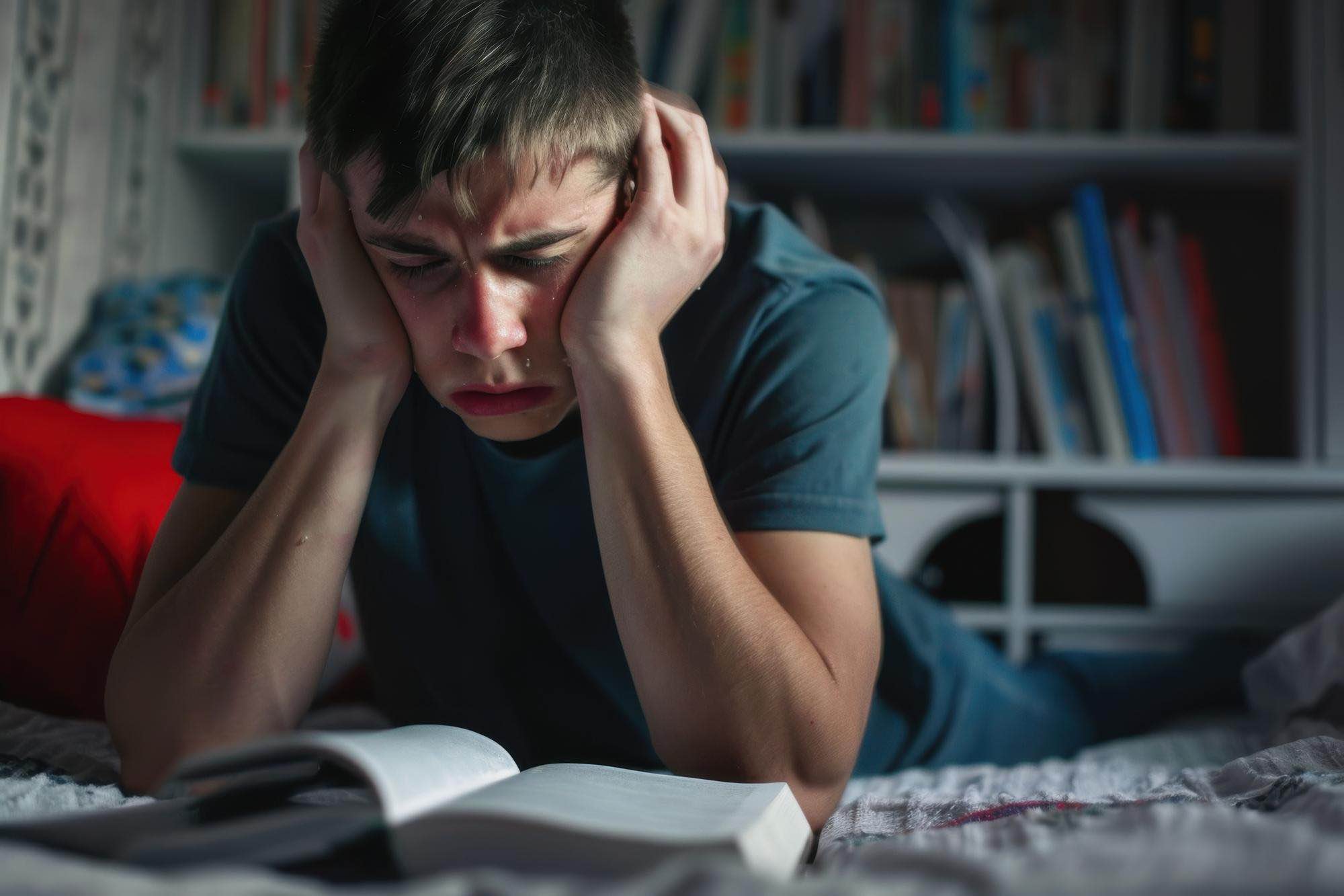 Exam stress and teen mental health, distressed teenage boy with head in hands lying over an open book, illustrating the signs of exam anxiety in teenagers on the Sunshine Coast